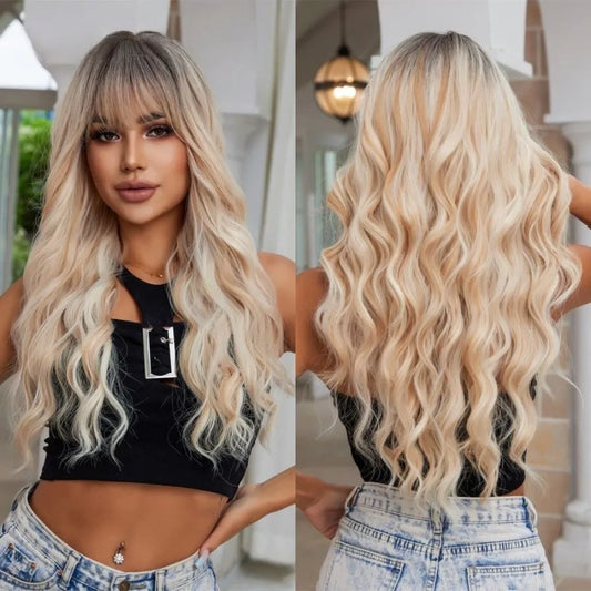 Long Curly Wavy Heat Resistant Synthetic Wigs With Bangs - Various Colors Available