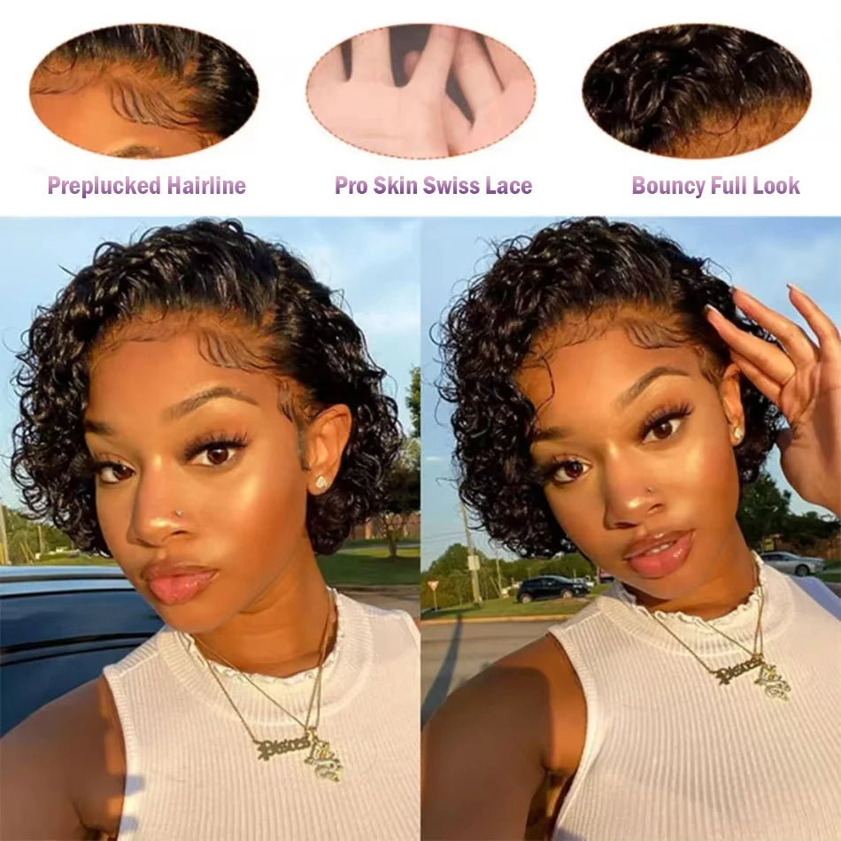 Pixie Cut Short Curly - Pre Plucked Transparent Lace Human Hair Wig