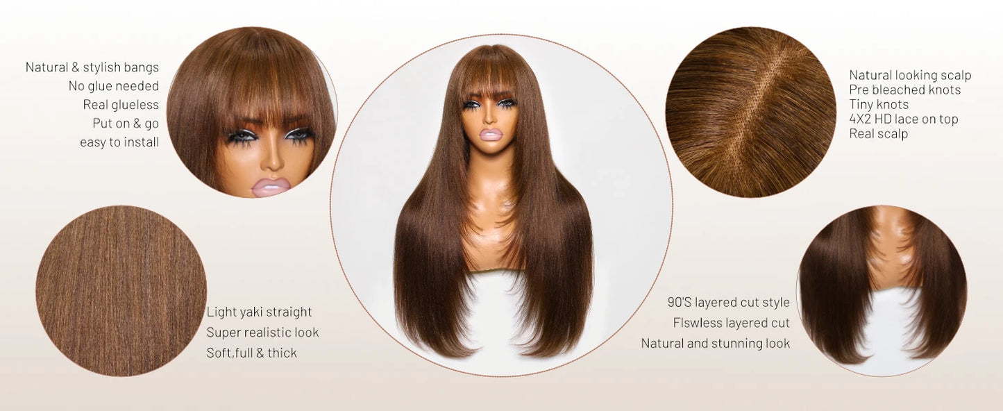 Yaki Straight With Bangs Layered Cut - Lace Front Human Hair Glueless Ready To Wear Wig
