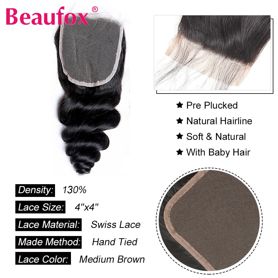 Loose Wave Human Hair Bundles With Lace Closure - Various Lengths