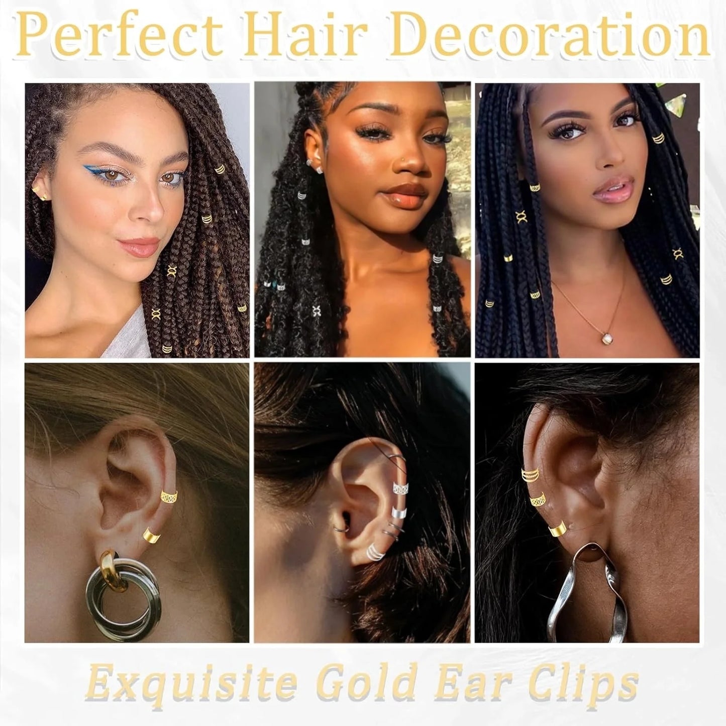 40PCS Gold and Silver Hair Cuffs Multi Style Rings Adjustable Hair Beads