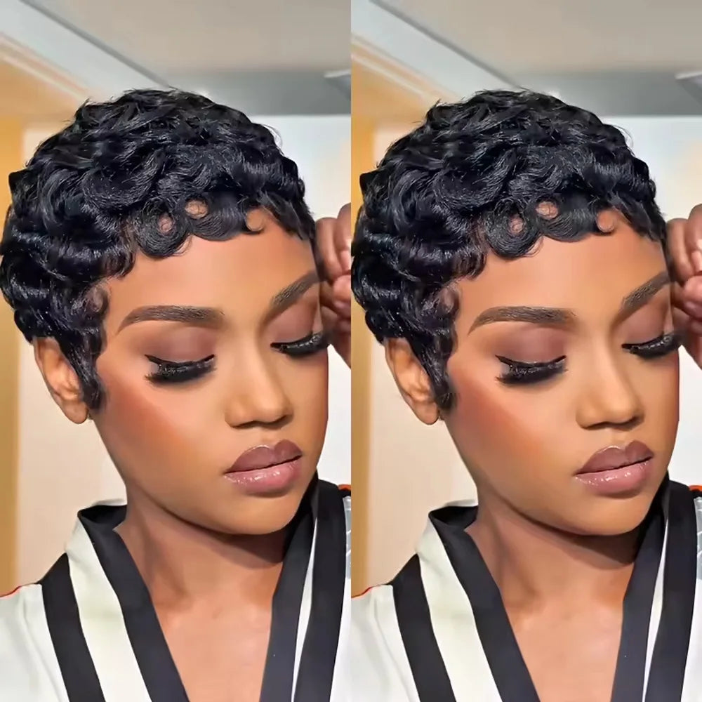 Women's Human Hair Pixie Cut Wig - Short Pin Curls