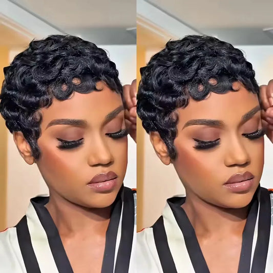 Women's Human Hair Pixie Cut Wig - Short Pin Curls