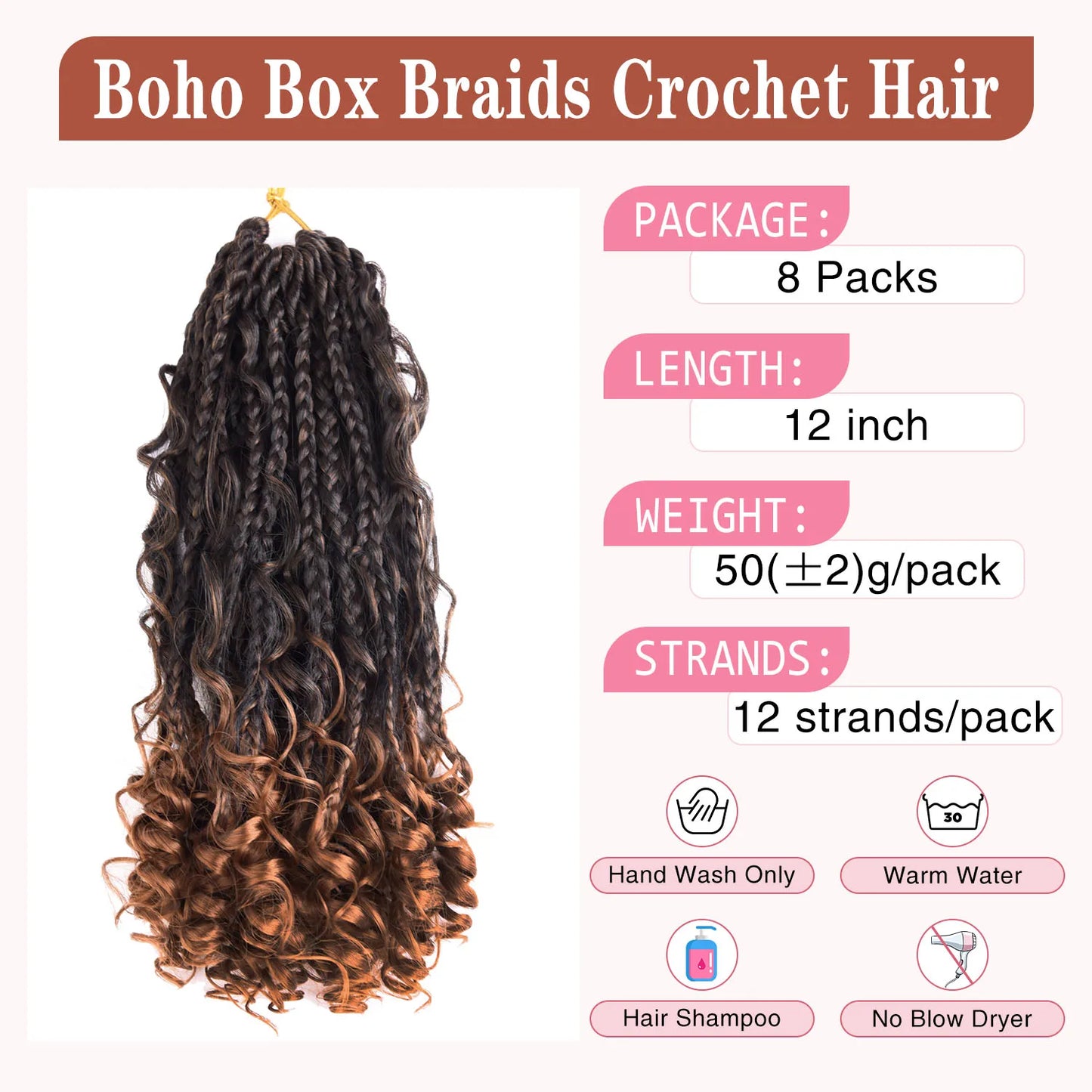 Curly Goddess Box Braids - Crochet Synthetic Hair, 1pc & 8pcs/ Various Colors Available