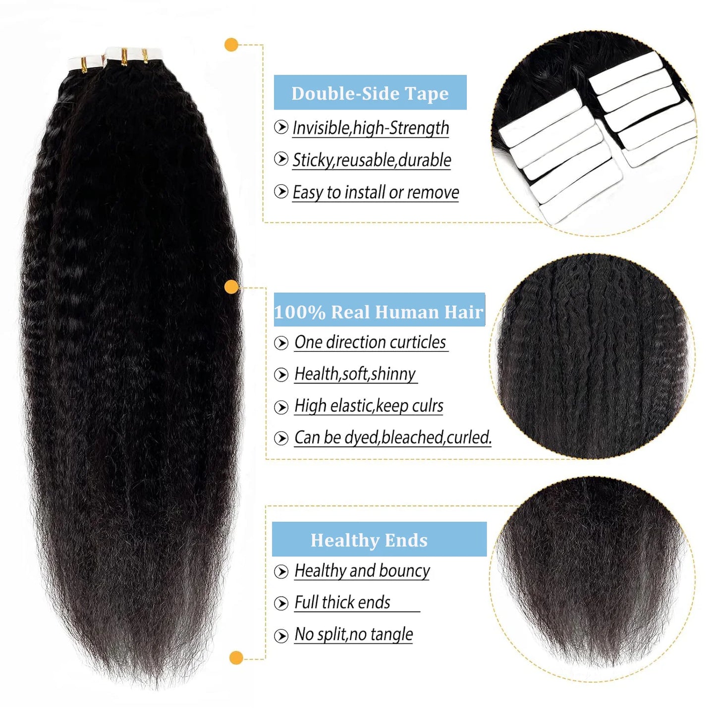 Yaki Straight Brazilian 100% Human Hair Adhesive Skin Weft Tape Ins