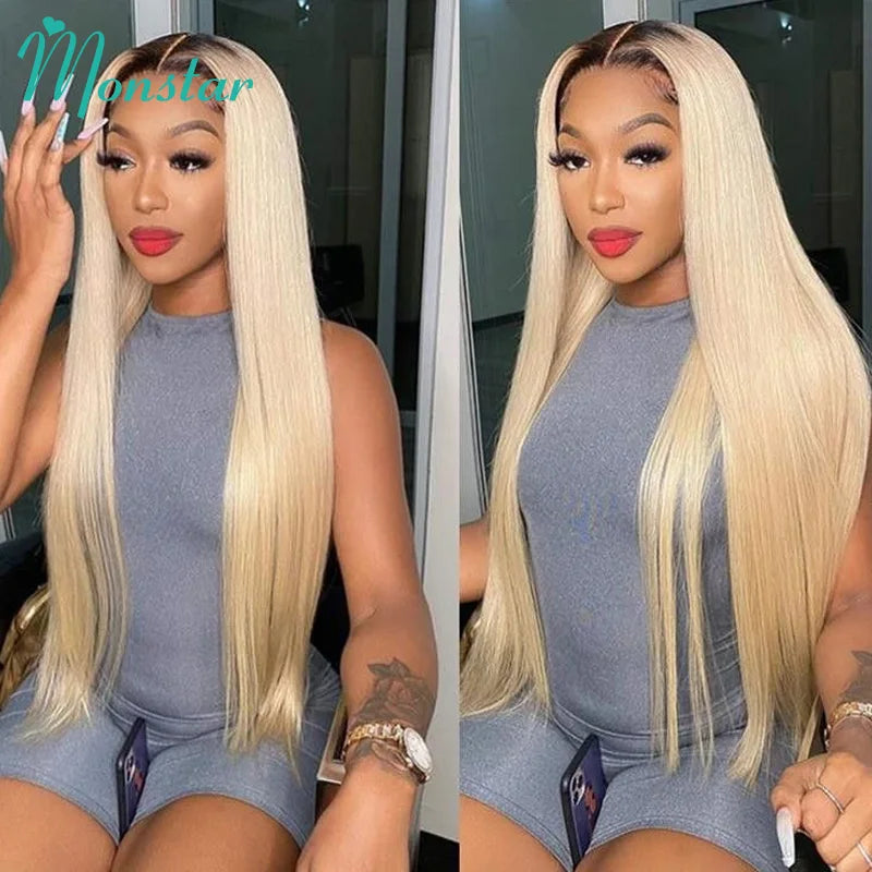 Dark Root 1B 613 Ombre Blonde13 Brazilian Straight  - Full Lace Front Human Hair Wig