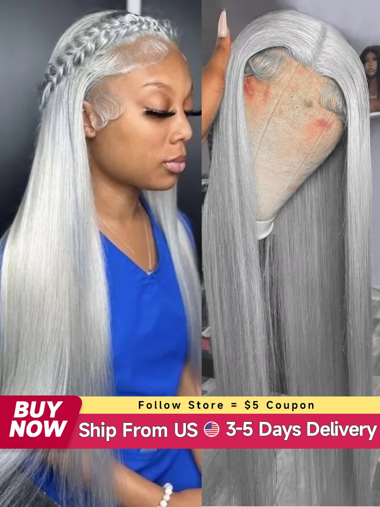 Silver Grey Brazilian Bone Straight or Body Wave - Pre Plucked Lace Front Human Hair Wig