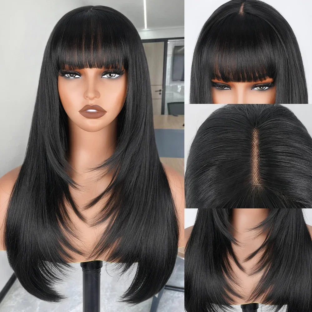 Synthetic Straight Layered Cut HD Lace Wigs With Bangs - Cinnamon and Black Colors Available