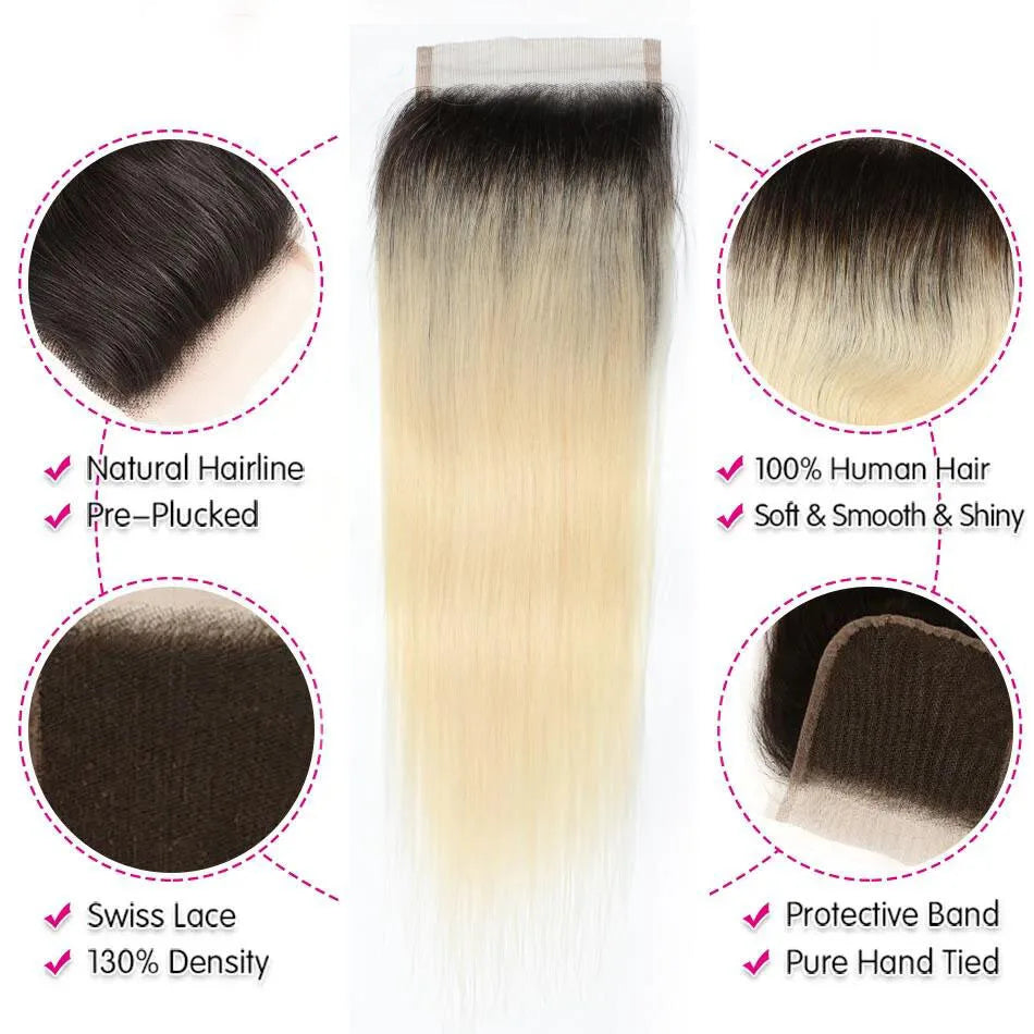 Brazilian Virgin Human Hair Straight Swiss Lace Closure HD Transparent 1B  & 613 Honey Blonde